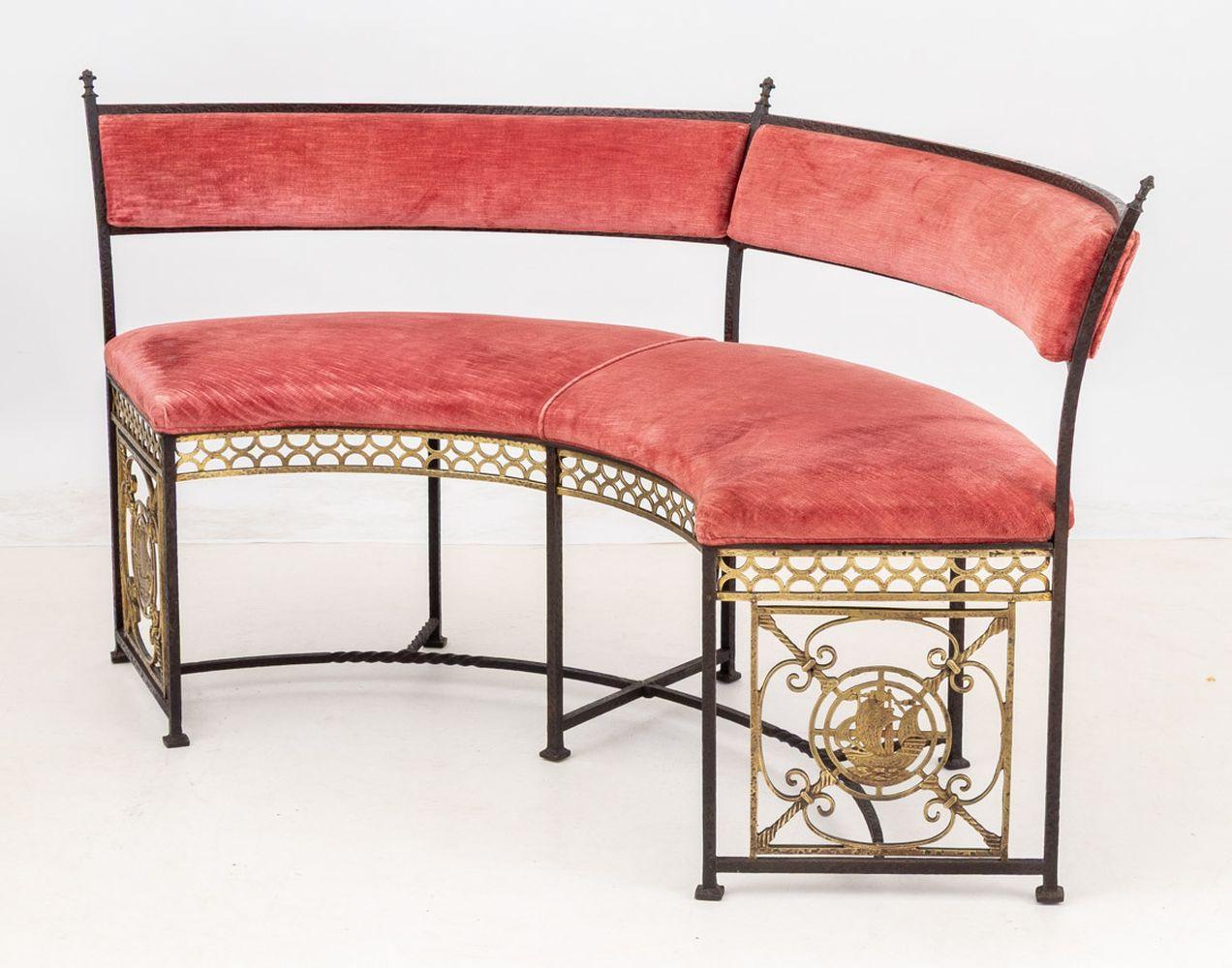 Gilt Oscar Bach Attr. Velvet Upholstered Curved Bench For Sale