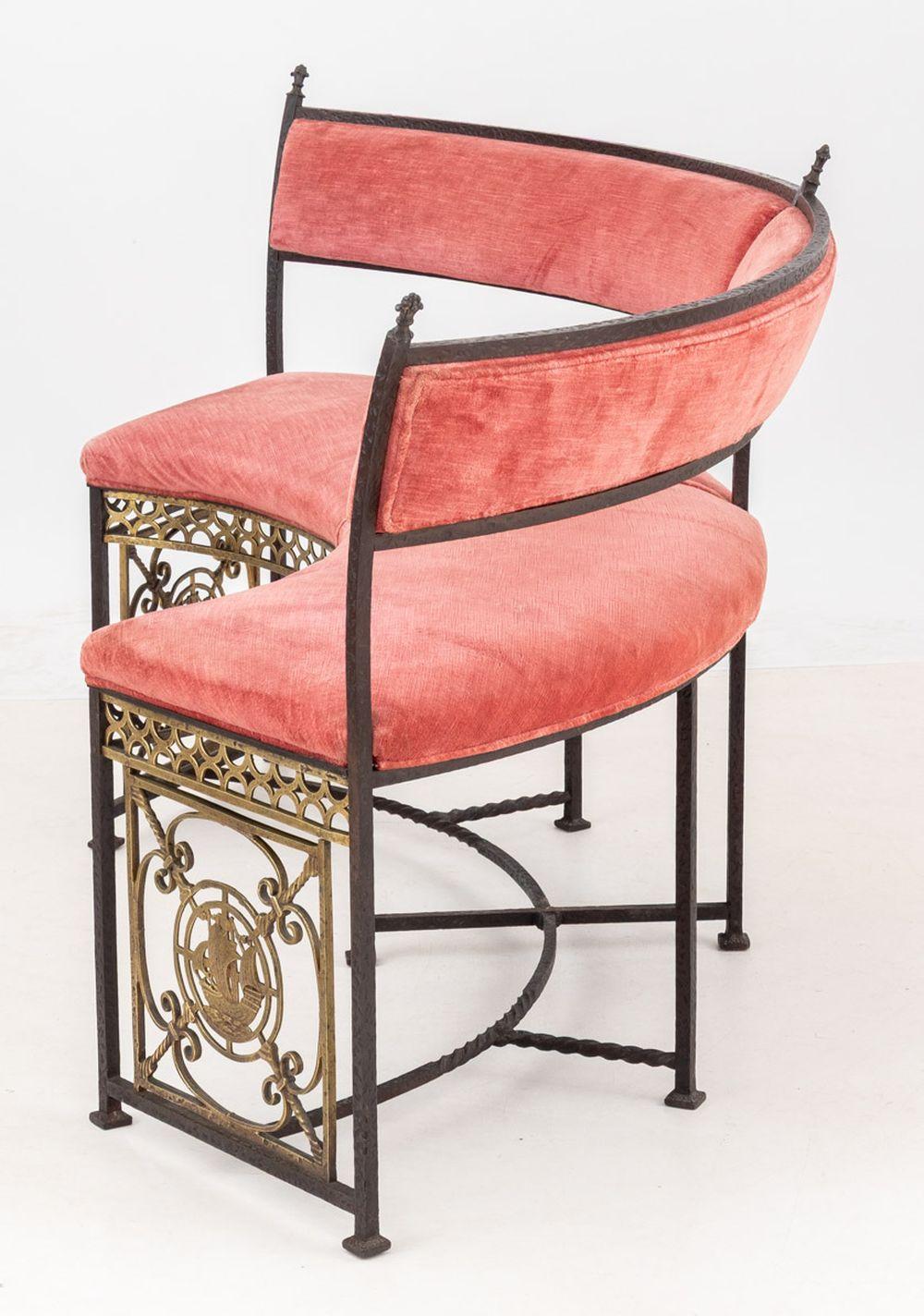 Bronze Oscar Bach Attr. Velvet Upholstered Curved Bench For Sale
