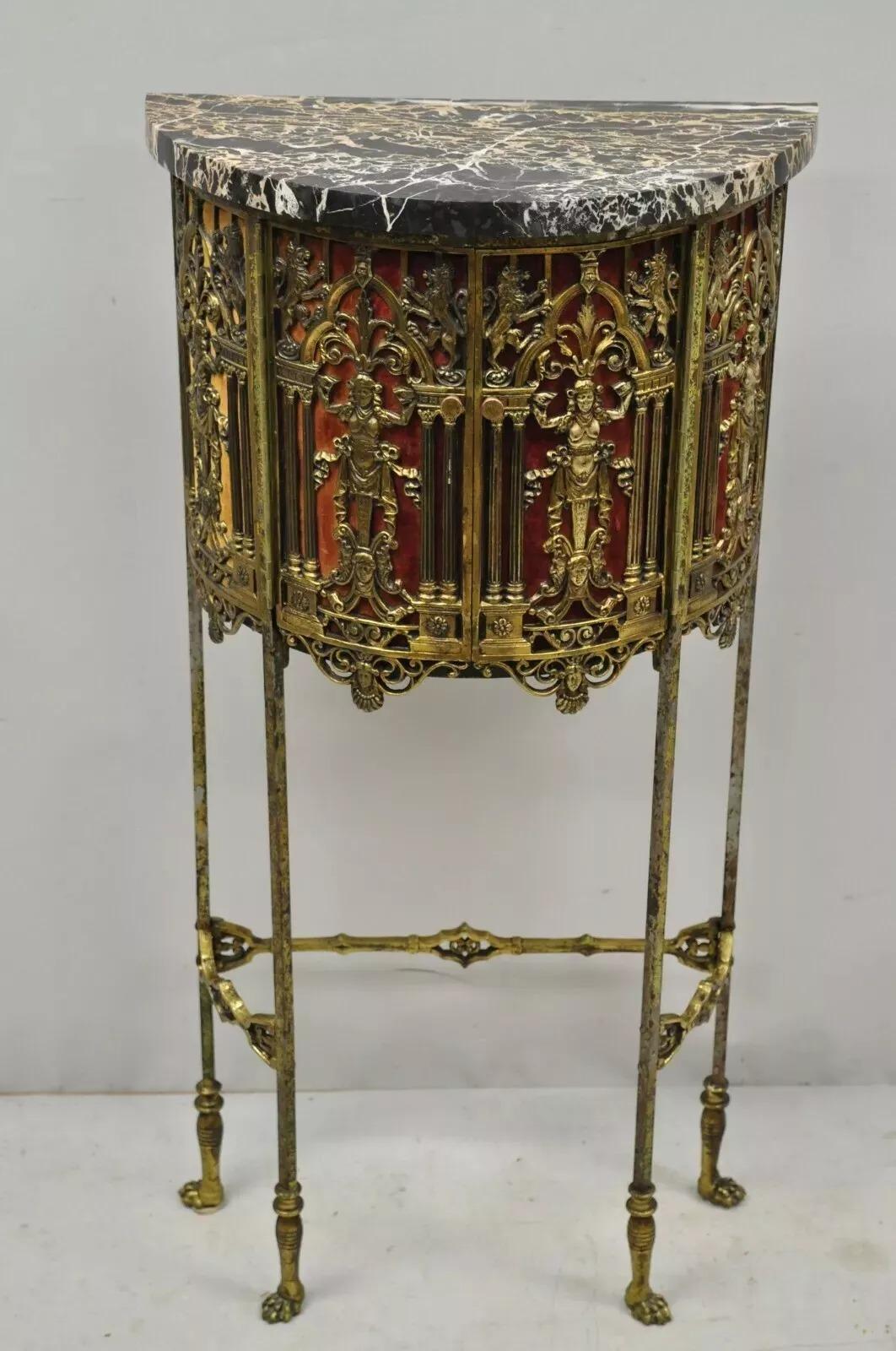 Antike Oscar Bach zugeschrieben Figural Bronze Marmor Top Telefon Hall Stand mit Stuhl. Element verfügt über eine verzierte figurale Bronze Telefonschrank stehen, Marmorplatte, kleiner Stuhl mit Nadelspitze Sitz, wunderbare Patina, Tatze Füße, sehr