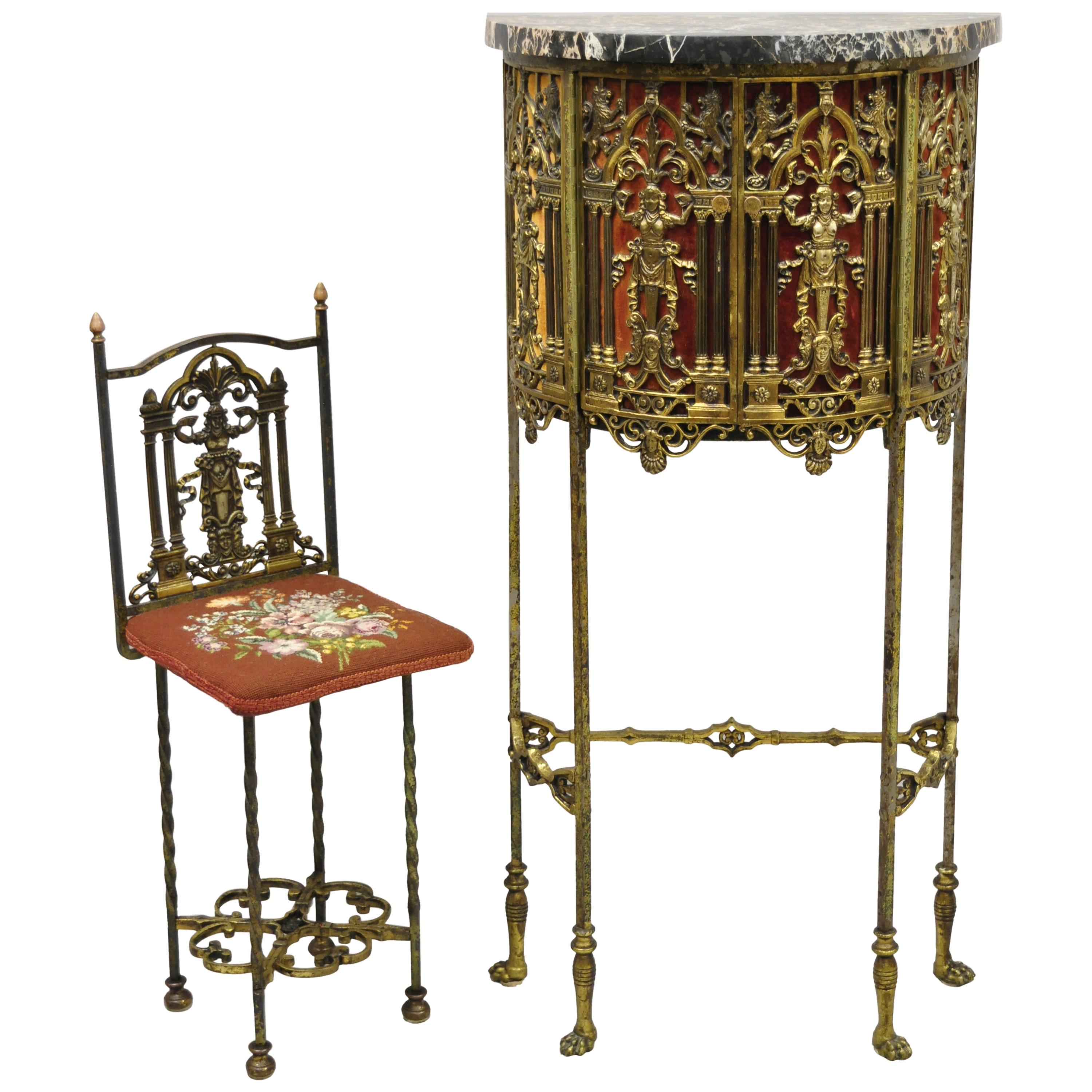 Oscar Bach Attributed Figural Bronze Marble-Top Telephone Hall Stand with Chair For Sale
