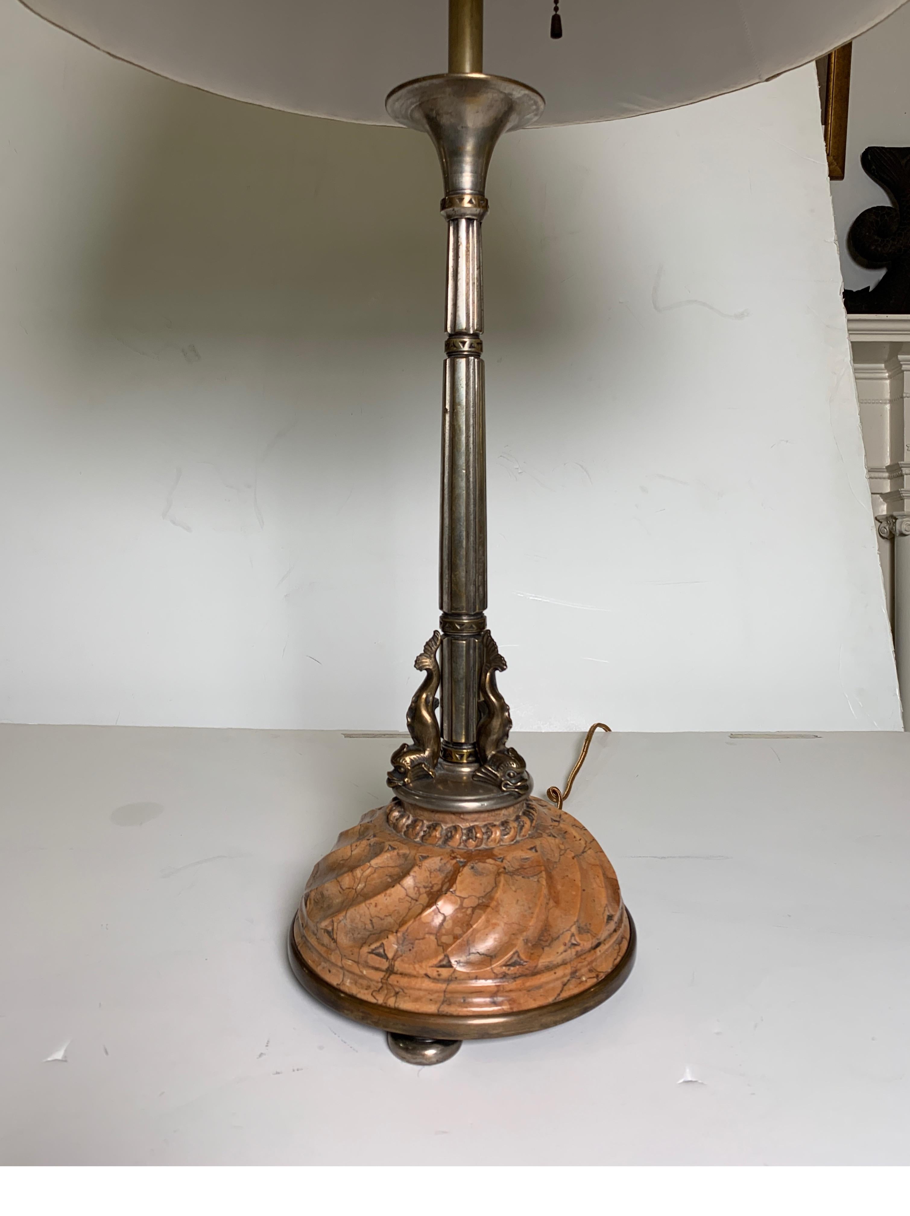 Oscar Bach circa 1920s silvered bronze table lamp with carved Italian marble base
Nice original condition with dolphin figures mounted at base, great carving in marble base.
Dimensions: 35