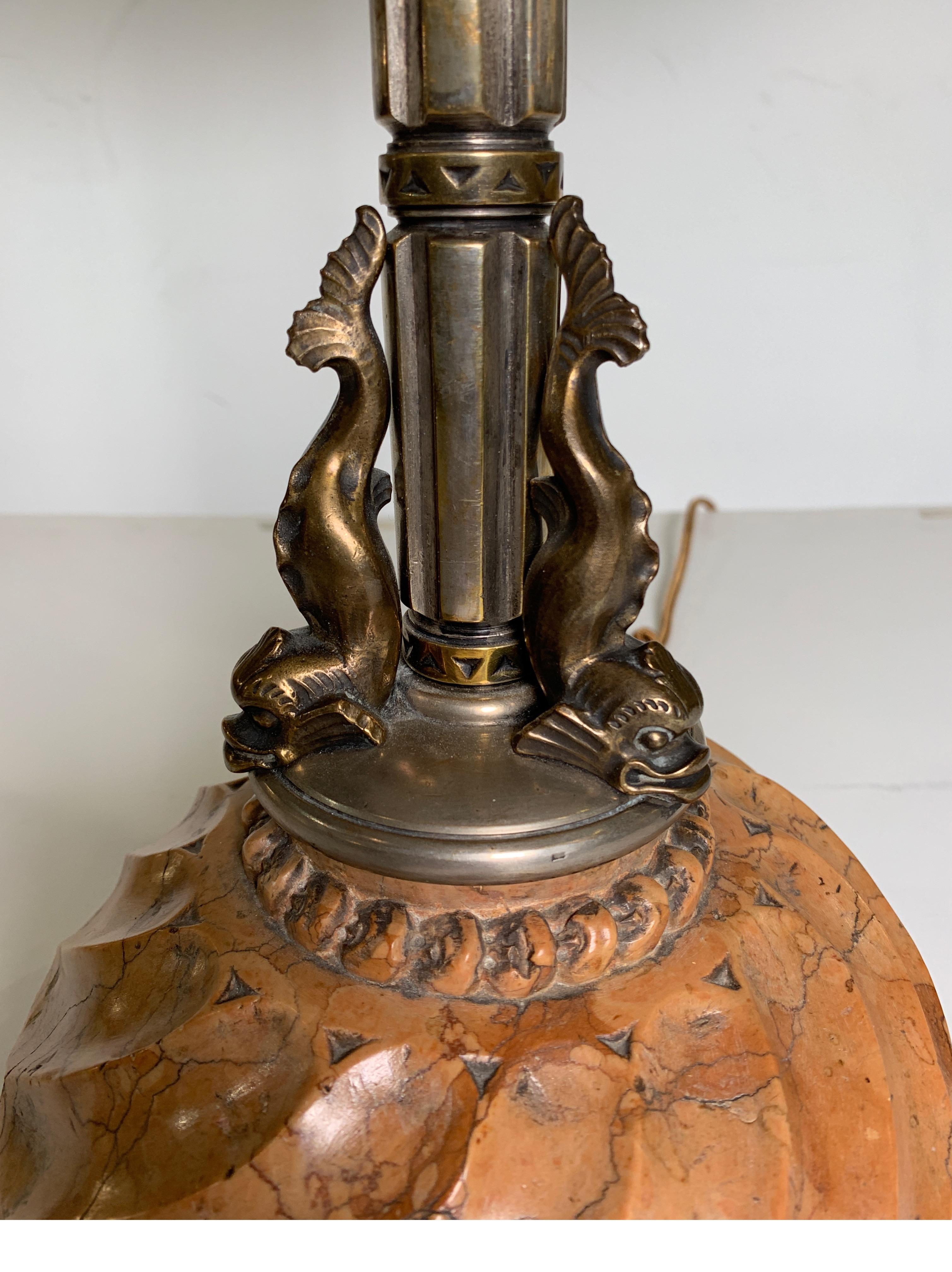 American Oscar Bach circa 1920 Silvered Bronze Table Lamp with Carved Italian Marble Base