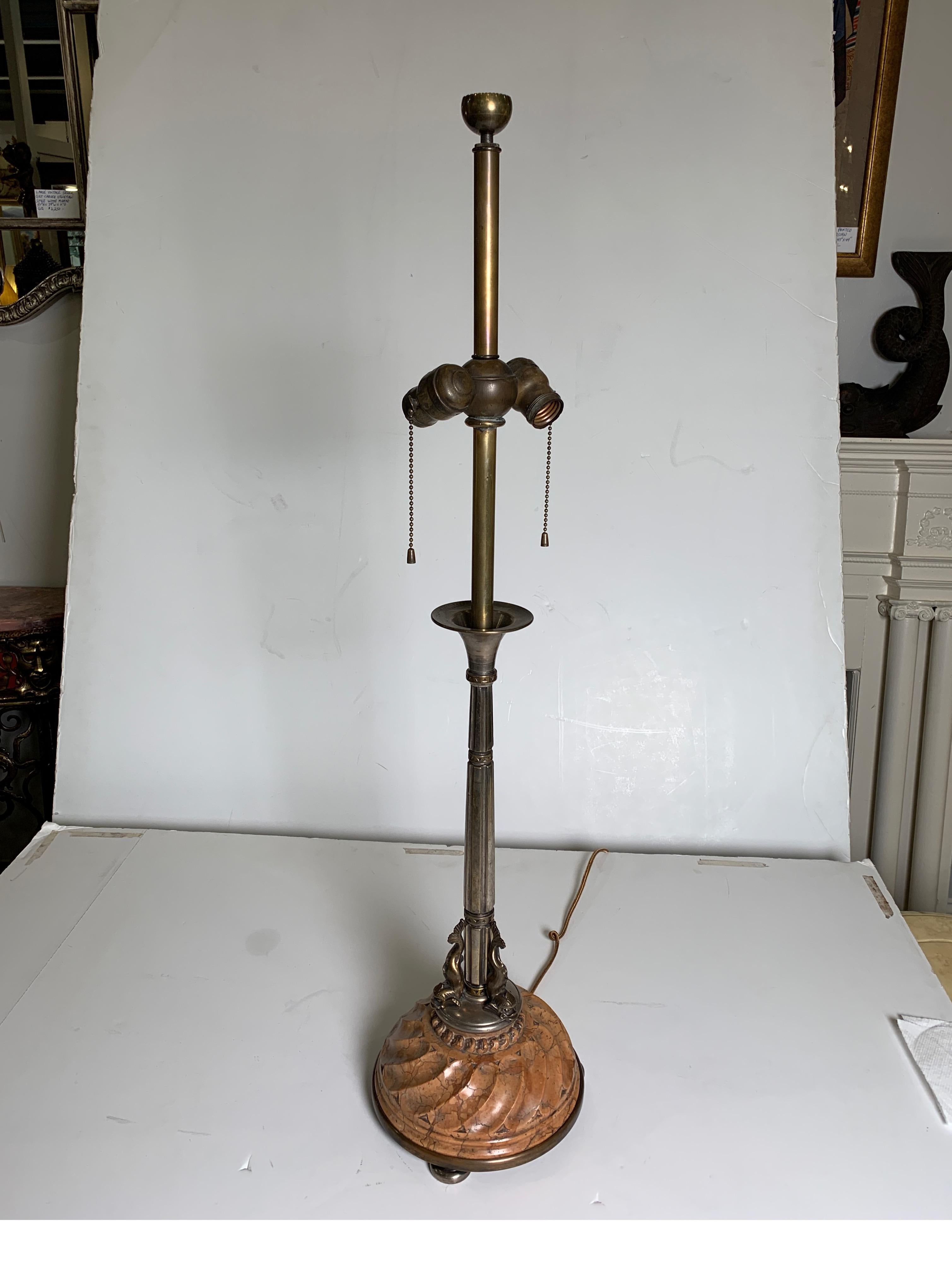 20th Century Oscar Bach circa 1920 Silvered Bronze Table Lamp with Carved Italian Marble Base