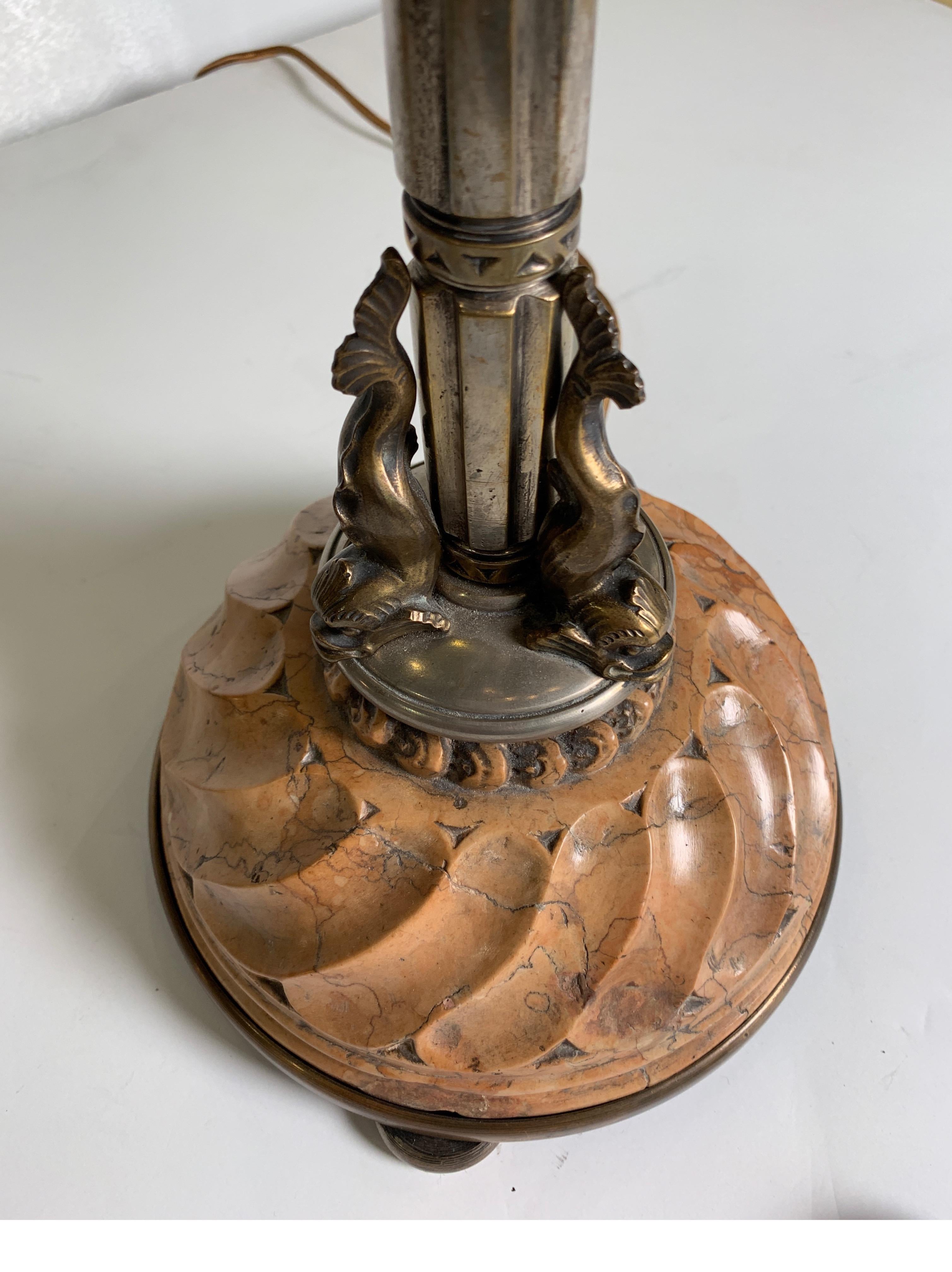 Oscar Bach circa 1920 Silvered Bronze Table Lamp with Carved Italian Marble Base 1