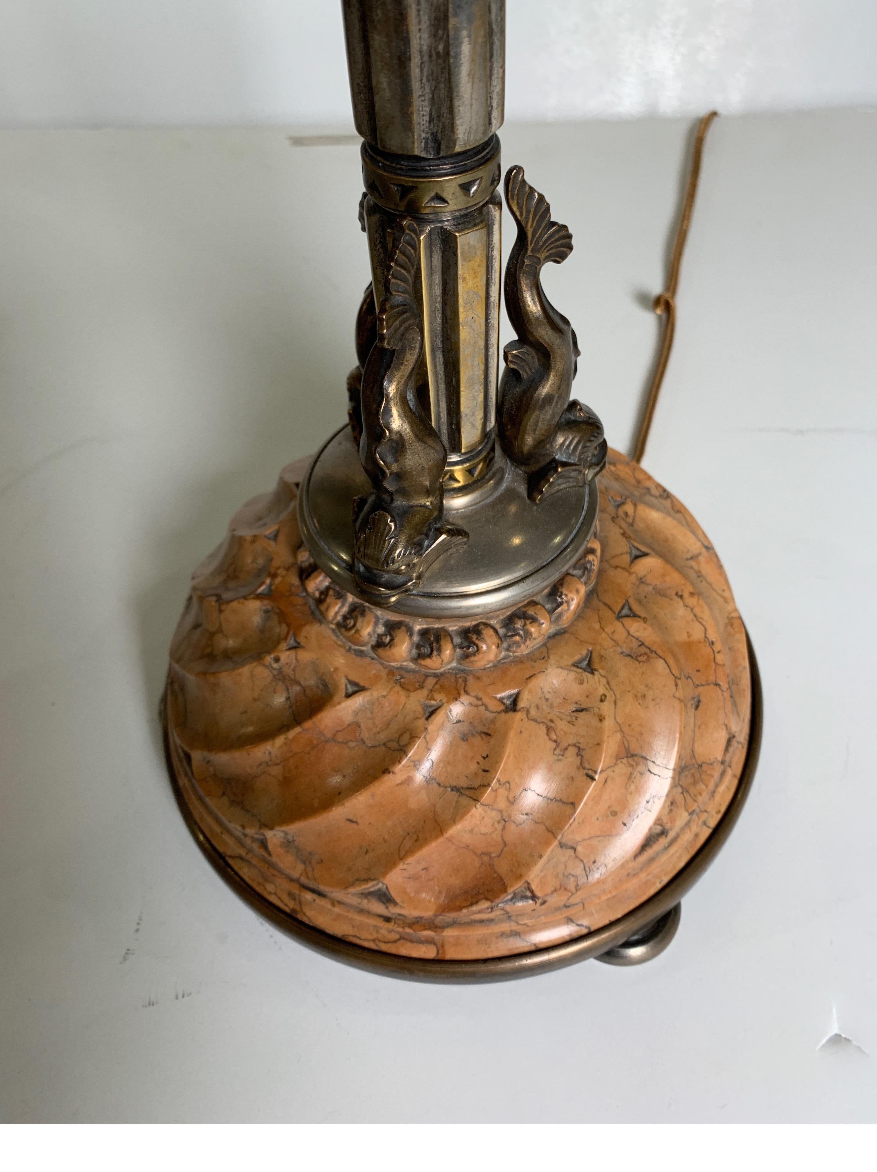 Oscar Bach circa 1920 Silvered Bronze Table Lamp with Carved Italian Marble Base 2
