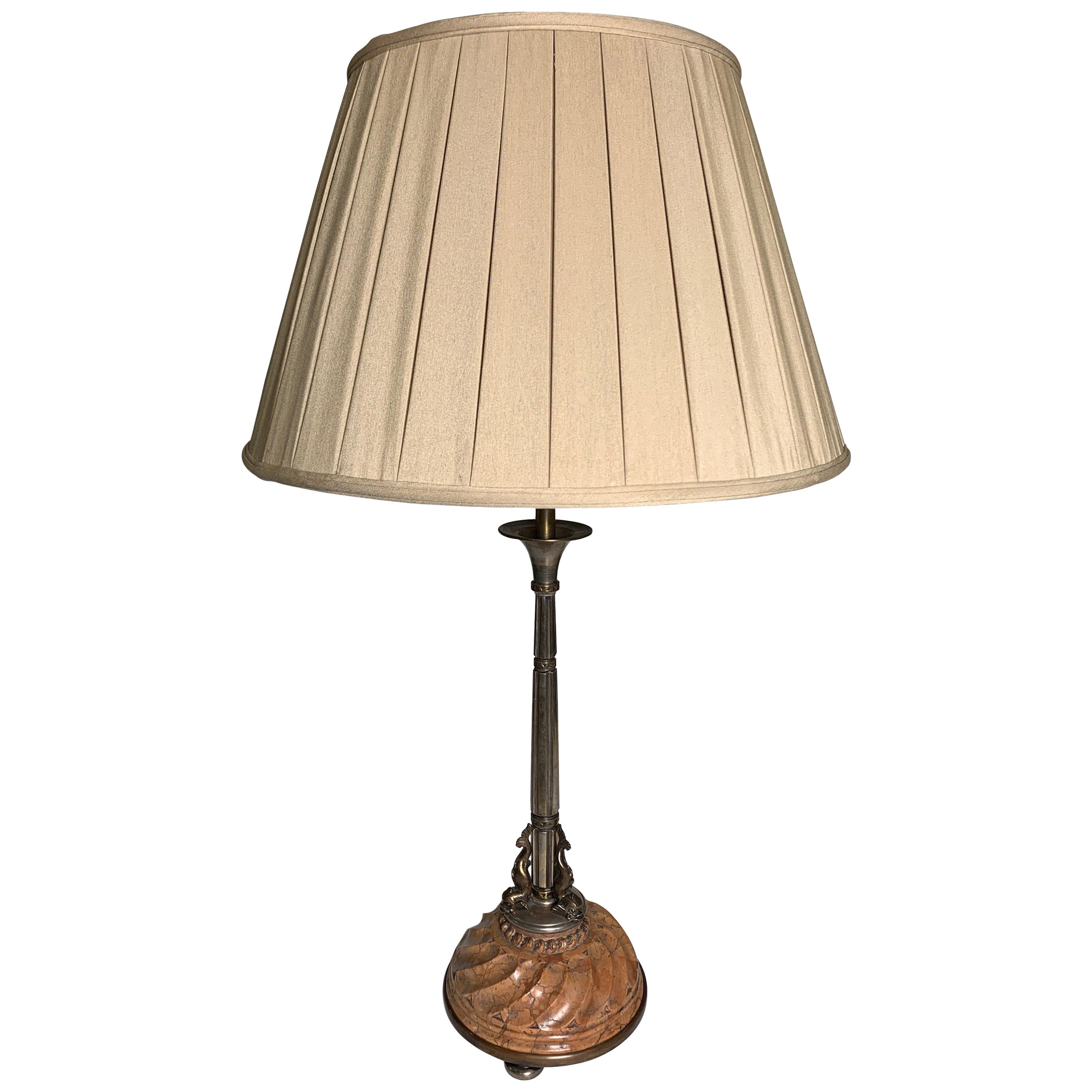 Oscar Bach circa 1920 Silvered Bronze Table Lamp with Carved Italian Marble Base
