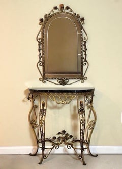 Oscar Bach Gilded Iron Console and Beveled Mirror Set with Black Marble Top