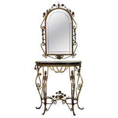Oscar Bach Gilded Iron Console and Beveled Mirror Set with Black Marble Top