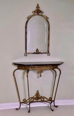 Oscar Bach Gilded Iron Console with Beveled Mirror, Black Marble Top, c. 1920