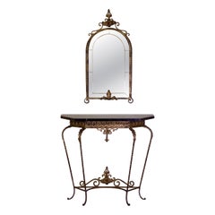 Oscar Bach Gilded Iron Console with Beveled Mirror, Black Marble Top, c. 1920