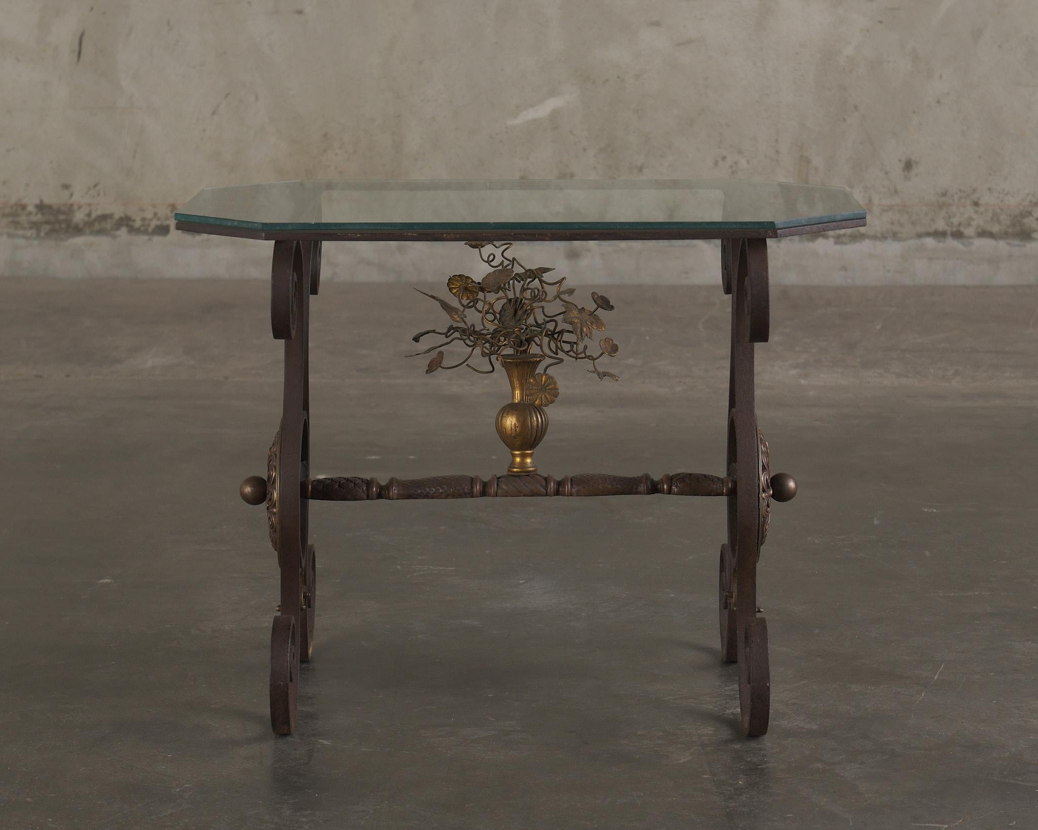 American Oscar Bach Iron and Brass Floral Side Table, c1920 For Sale
