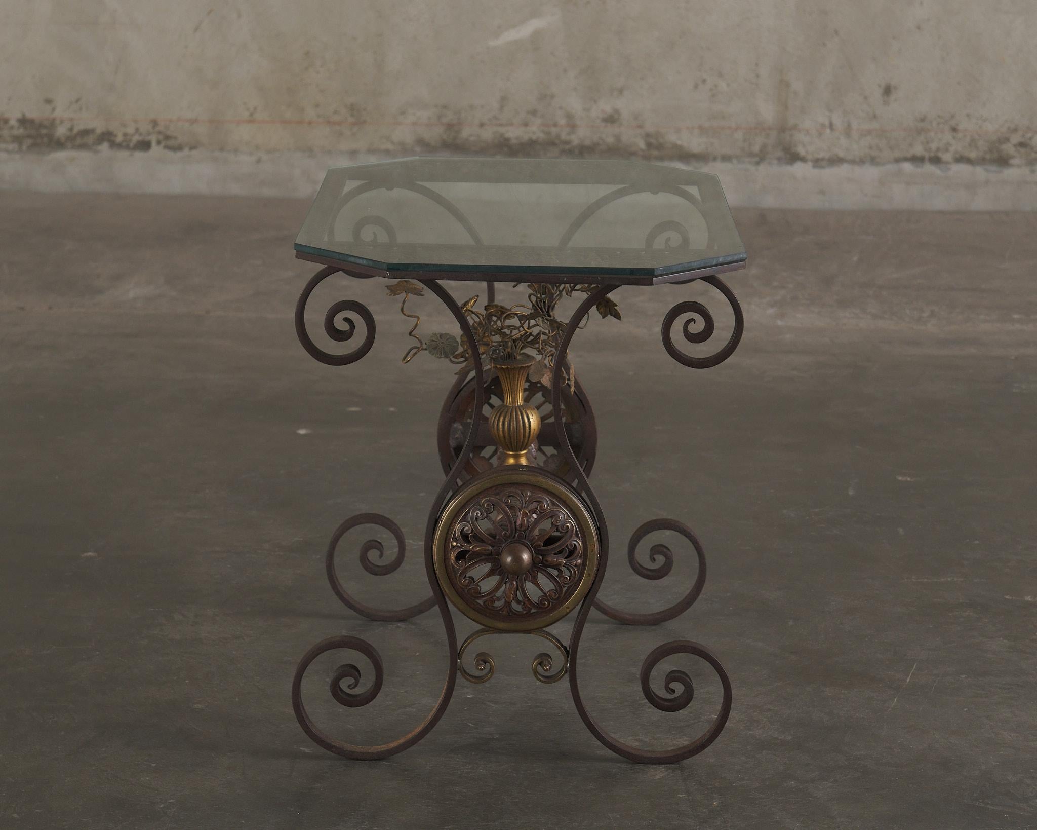 Forged Oscar Bach Iron and Brass Floral Side Table, c1920 For Sale
