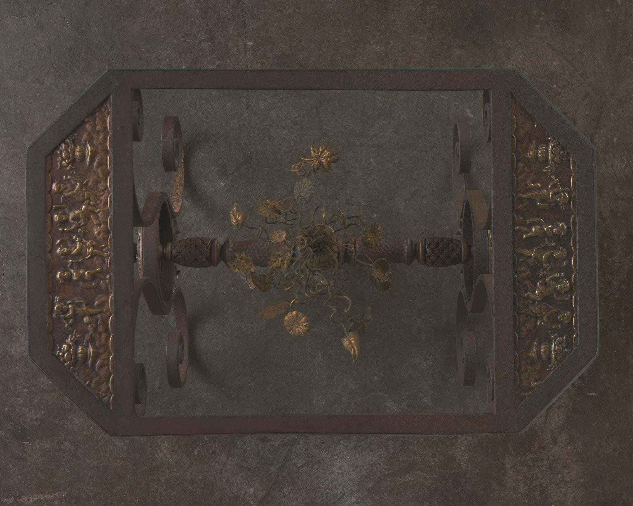 Oscar Bach Iron and Brass Floral Side Table, c1920 In Good Condition For Sale In Los Angeles, CA