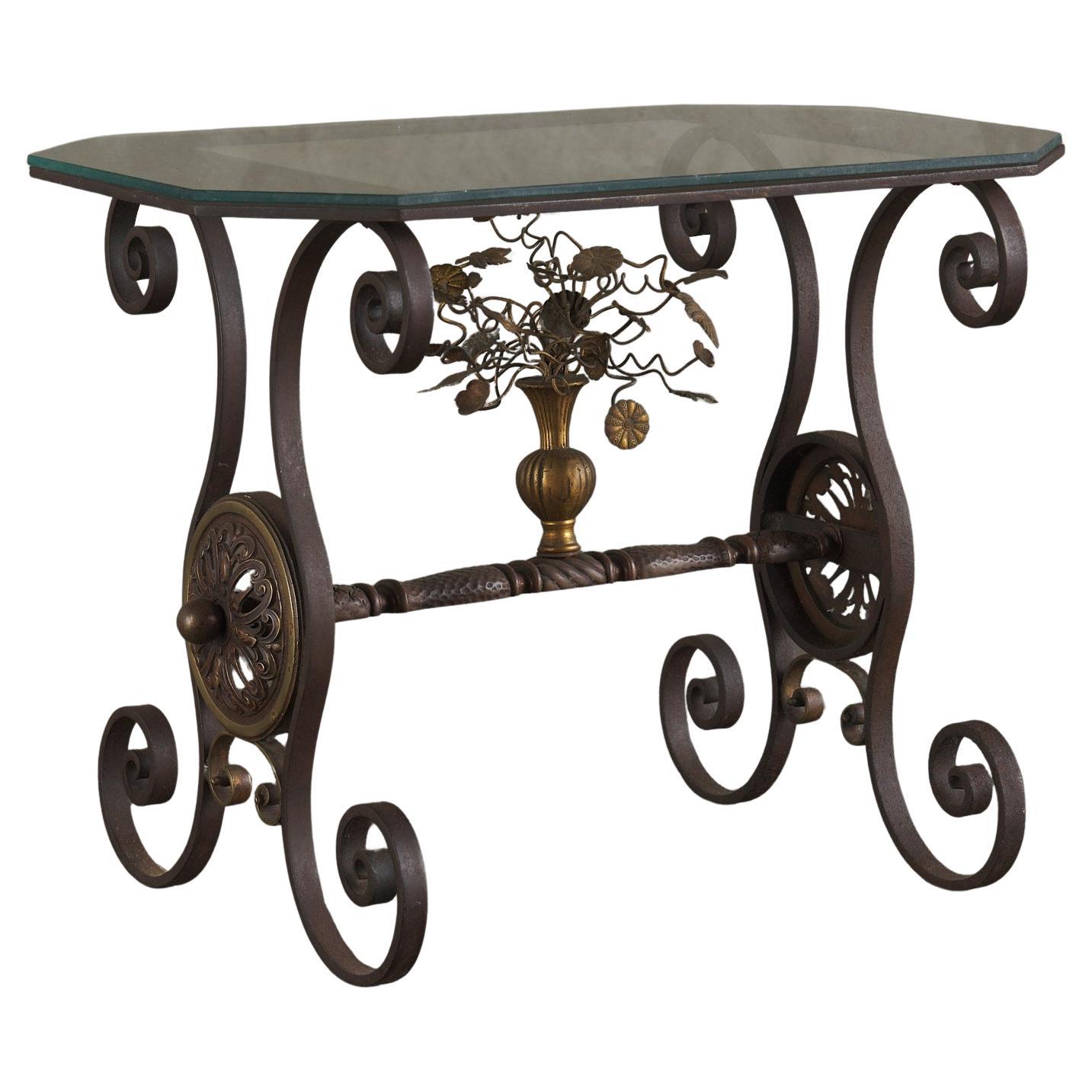 Oscar Bach Iron and Brass Floral Side Table, c1920 For Sale