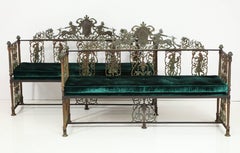 Oscar Bach Iron and Bronze Benches with Velvet Seat Cushions, USA, 1920s