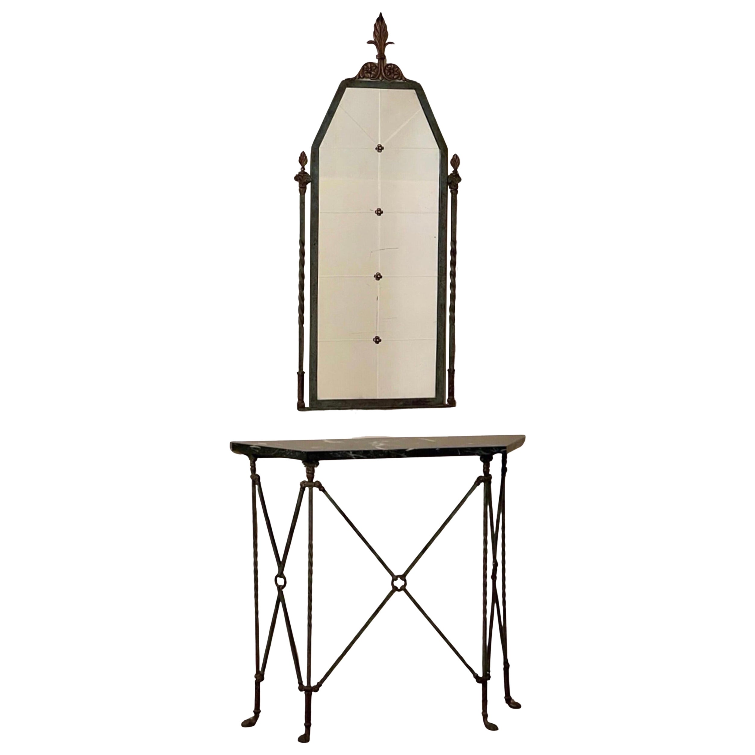 Oscar Bach Console en fer et miroir biseauté avec dessus en marbre noir en vente