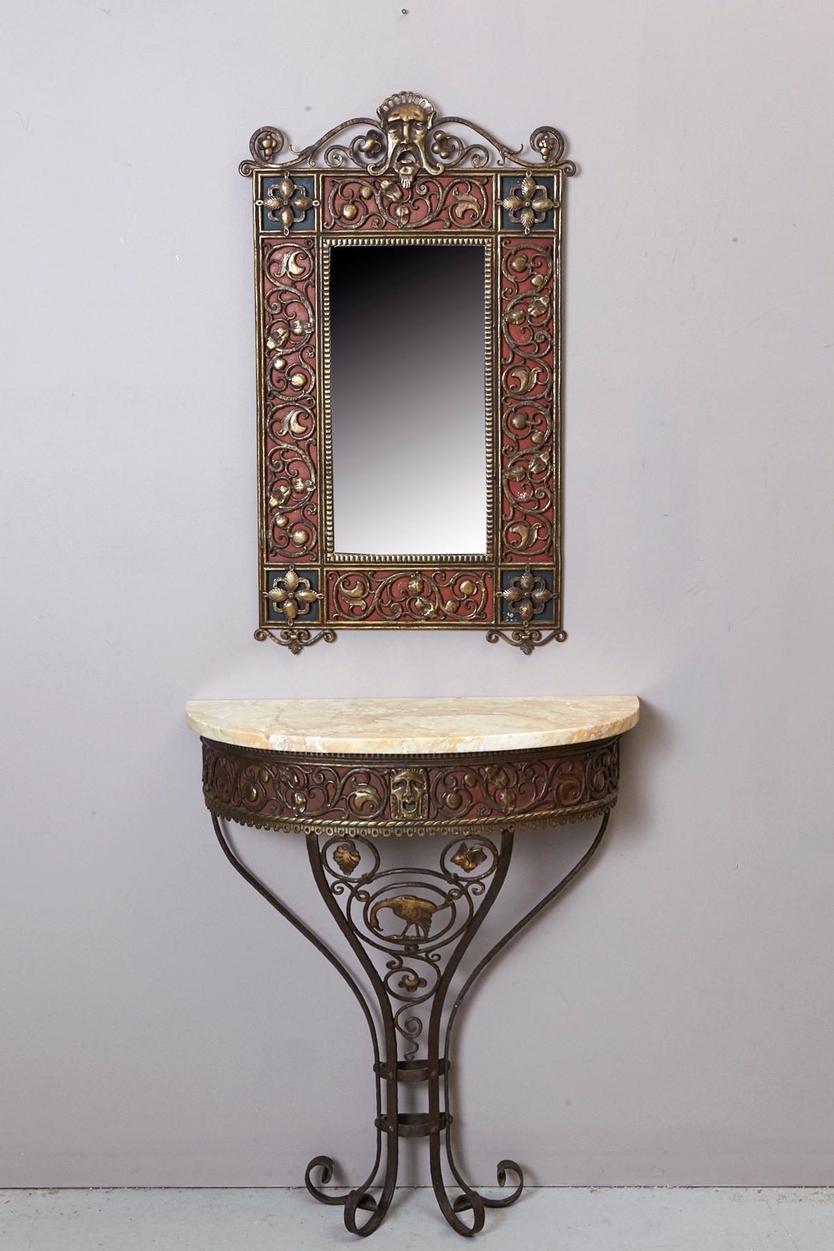 Arts and Crafts Oscar Bach Italianate Mirror and Console Set, 1923 For Sale