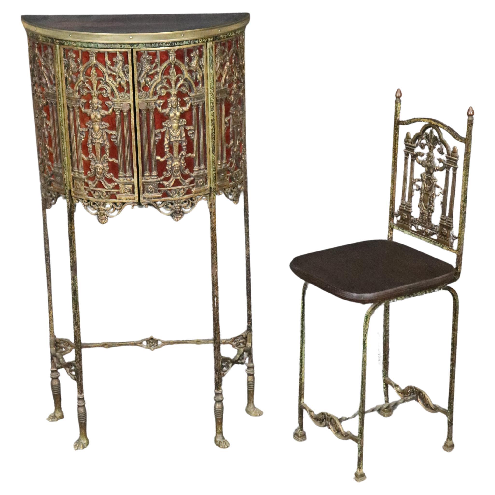 Oscar Bach Style Faux Tortoise Shell Bronze Demilune Cabinet Console & Chair