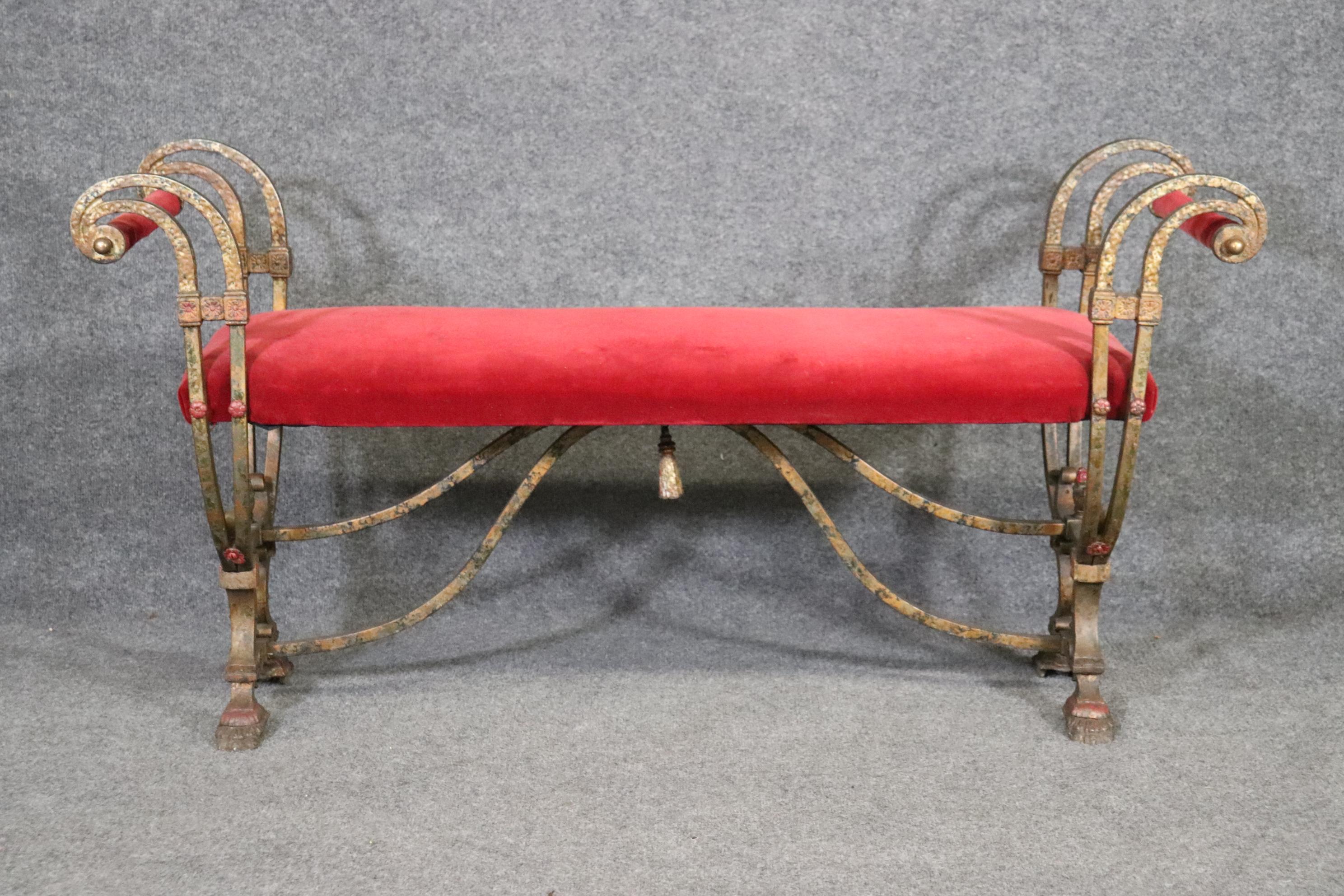 European Oscar Bach Style Hand-Wrought Iron Upholstered Window Bench circa 1930 For Sale