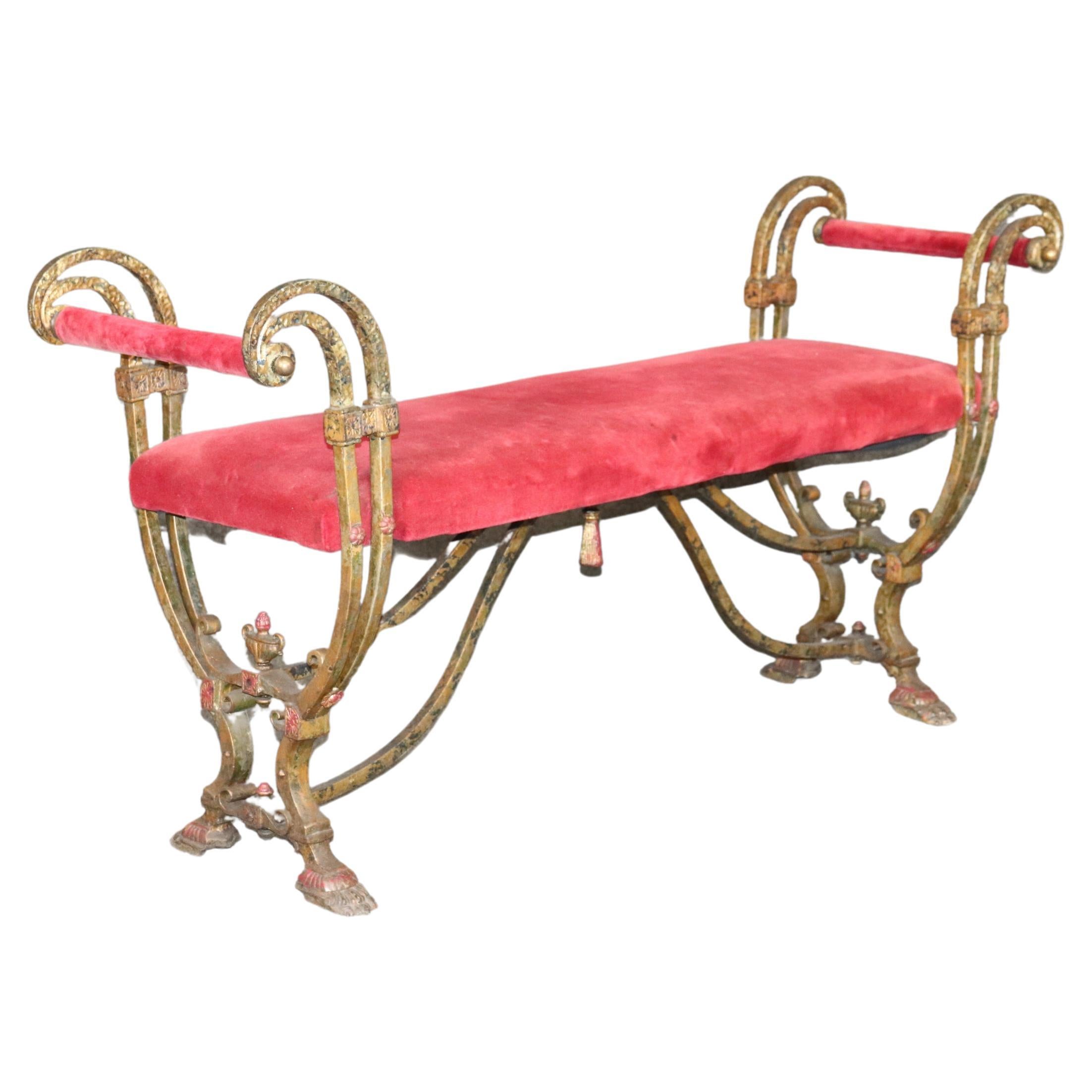 Oscar Bach Style Hand-Wrought Iron Upholstered Window Bench circa 1930 For Sale