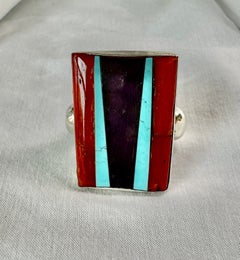 Oscar Betz Ring Native American Rare Vintage Turquoise Coral Sterling Size 11.5