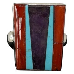 Oscar Betz Ring Native American Rare Vintage Turquoise Coral Sterling Size 11.5