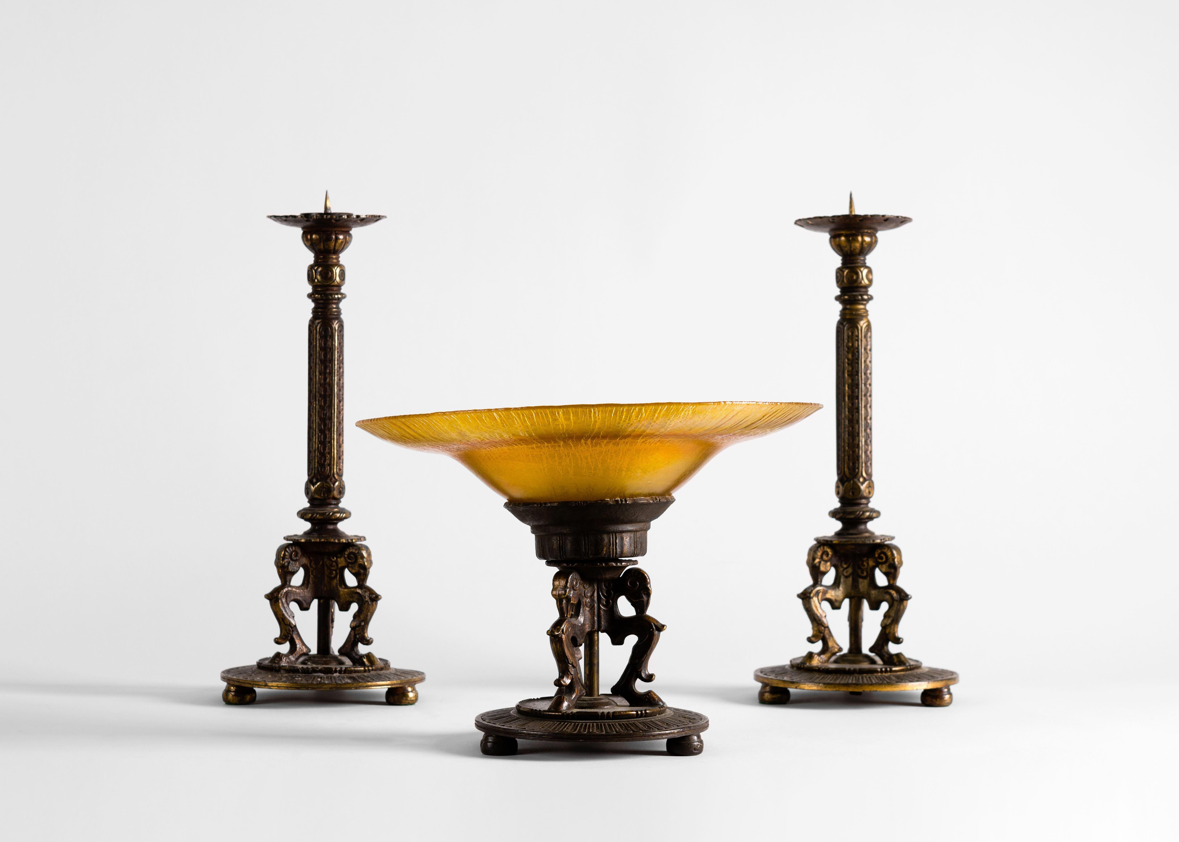Patinated Oscar Bruno Bach, Candlesticks and Ram Motif Compote Dish, United States, 1920's For Sale