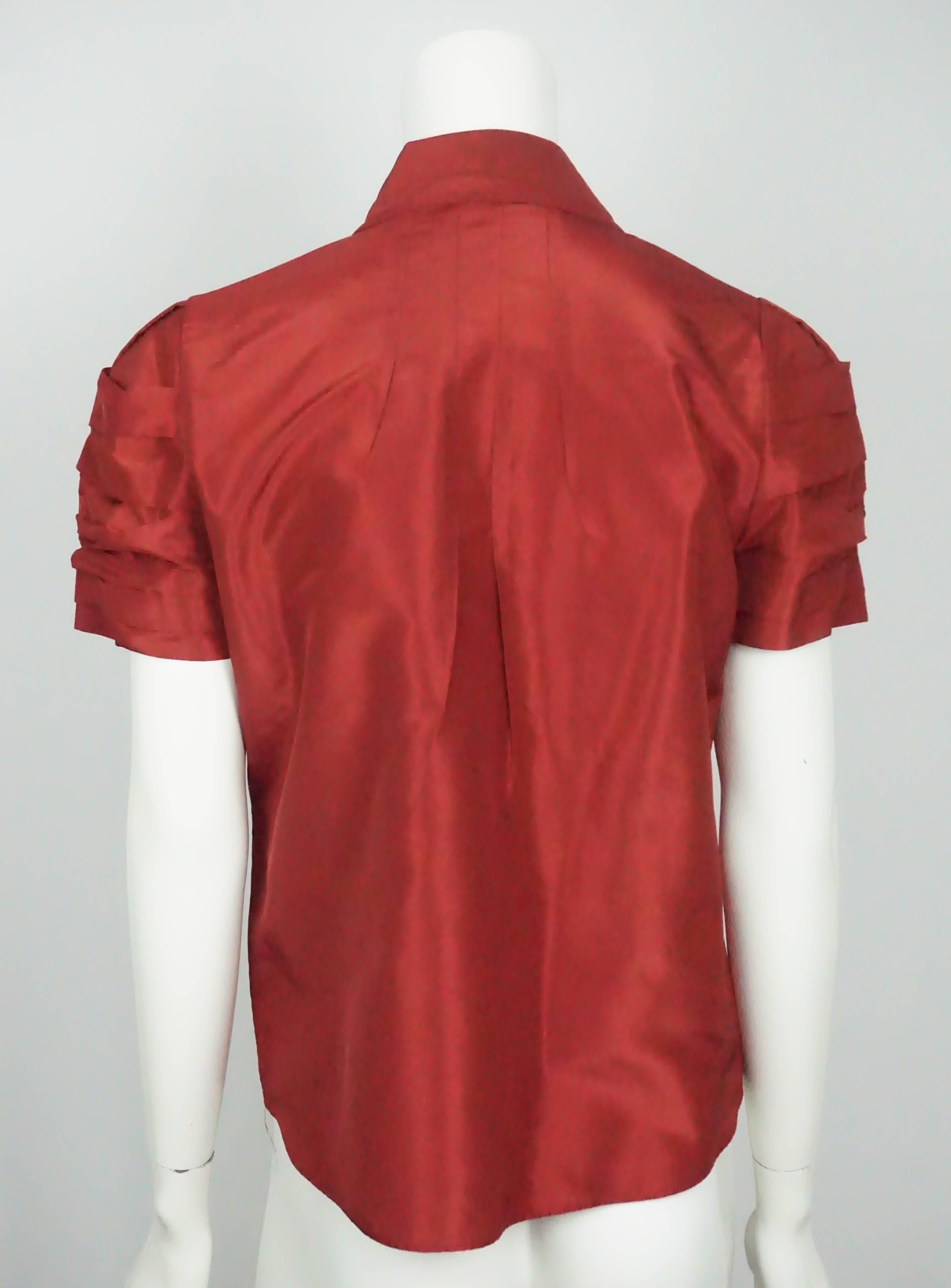 Red Oscar Burgundy Silk Taffeta S/S Ruffled Top-8 For Sale