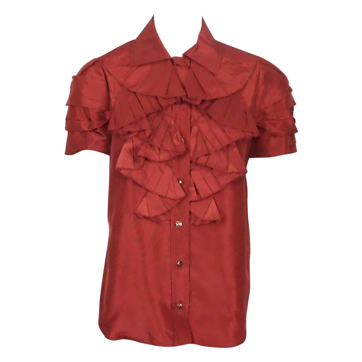 Oscar Burgundy Silk Taffeta S/S Ruffled Top-8 For Sale