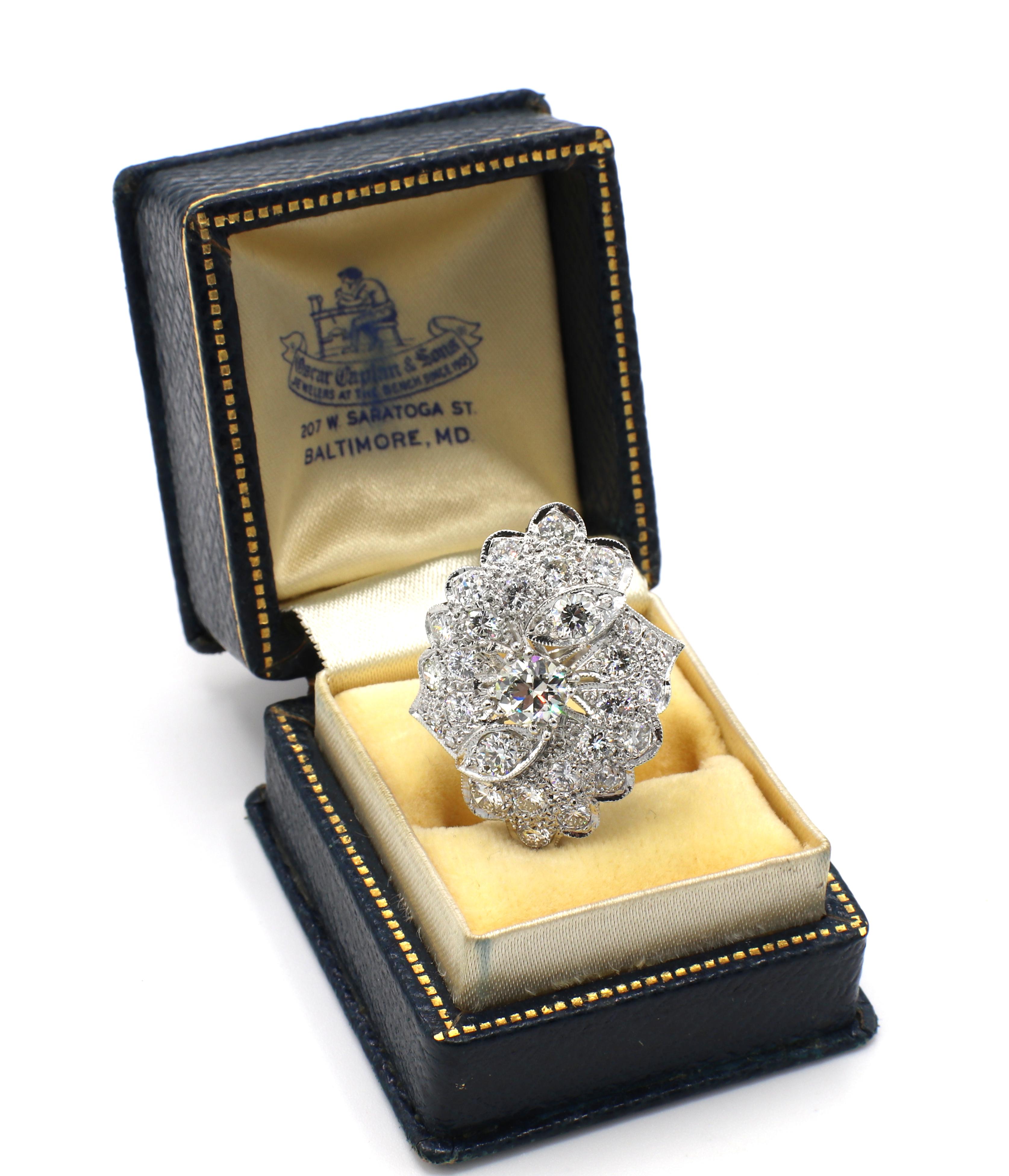 Women's or Men's Oscar Caplan Old European Cut 3.90 Carat Diamond Platinum Cluster Cocktail Ring