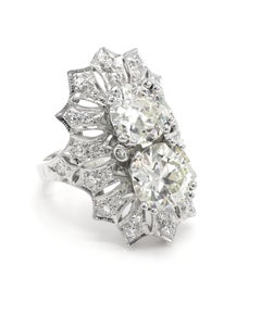 Oscar Caplan Platinum 5.50 Carat Old European Cut Diamond Two Stone Ring