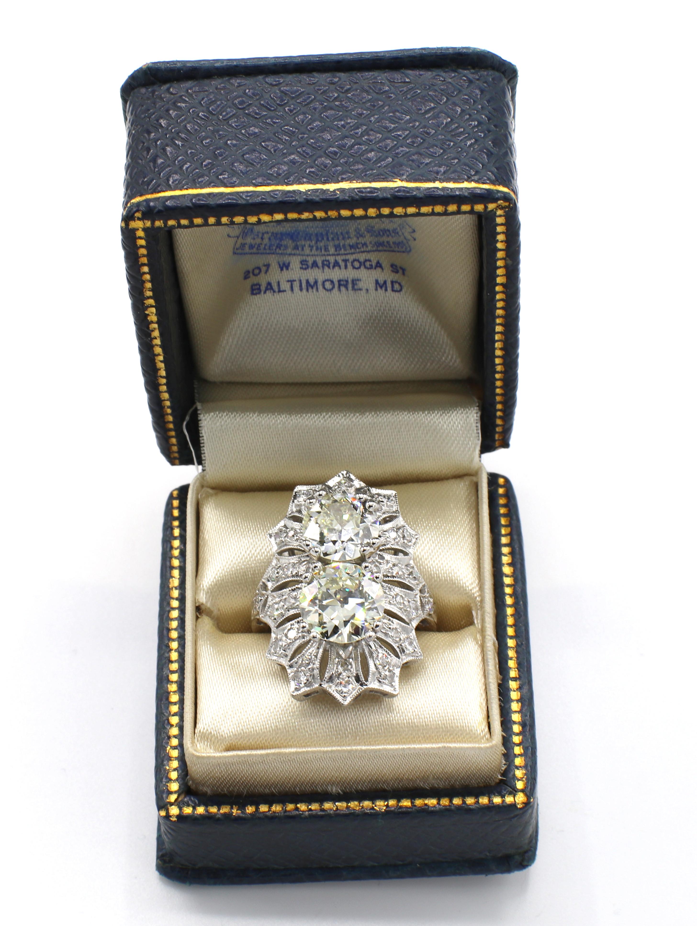 Art Deco Oscar Caplan Platinum 5.50 Carat Old European Cut Diamond Two Stone Ring