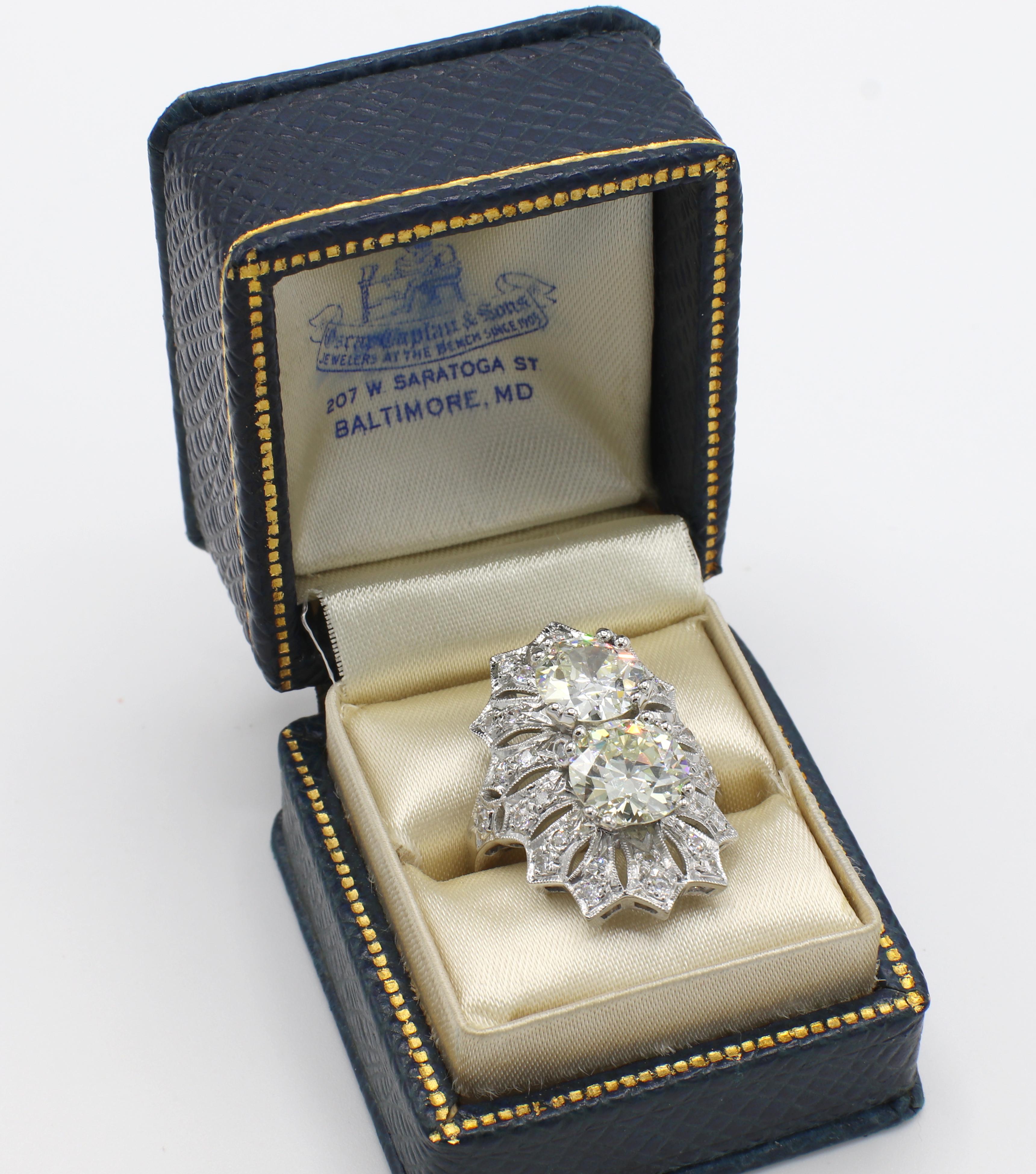 Oscar Caplan Platinum 5.50 Carat Old European Cut Diamond Two Stone Ring In Excellent Condition In  Baltimore, MD