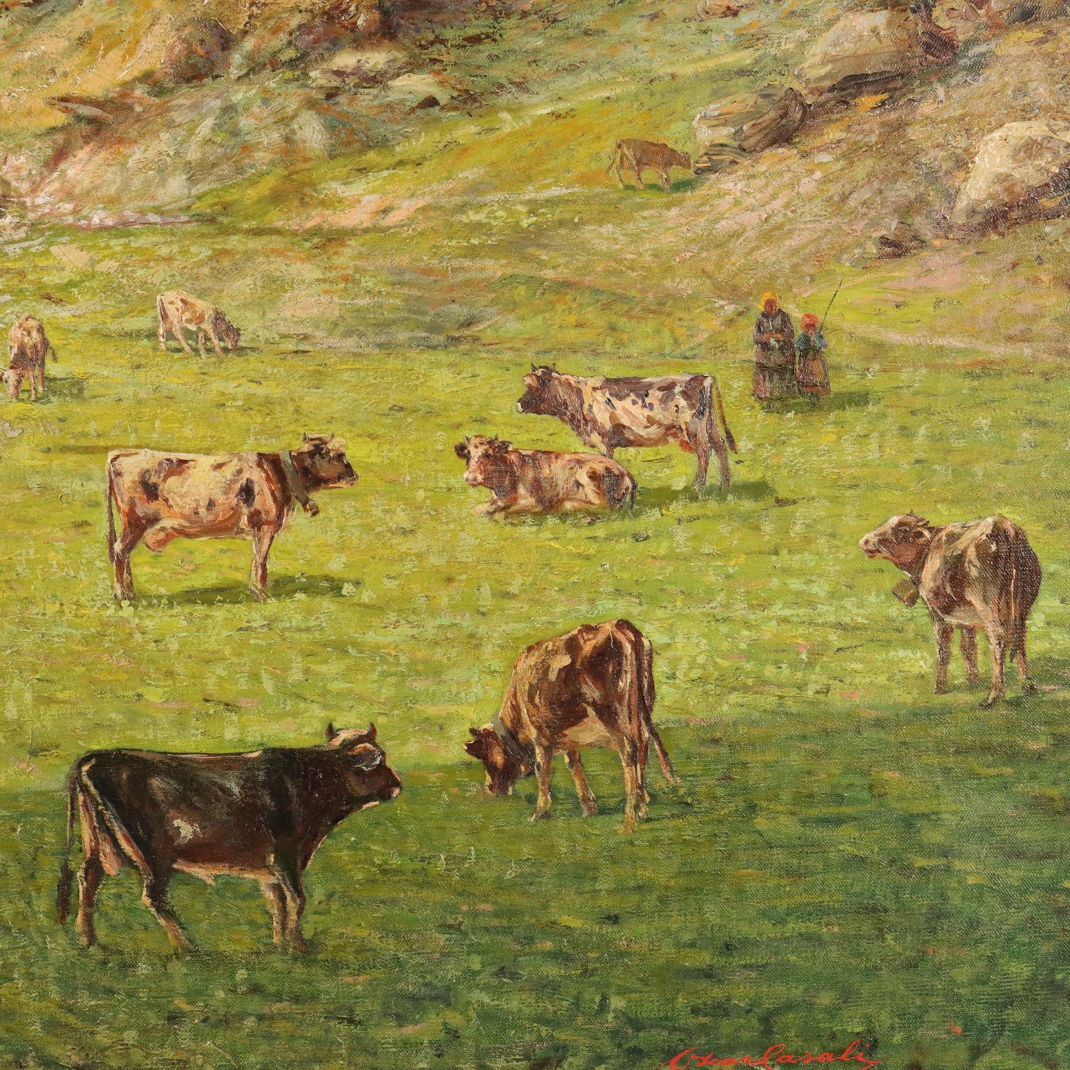 Pascolo Alpino con Mucche fine 800 - Painting Altro stile artistico di Oscar Casali