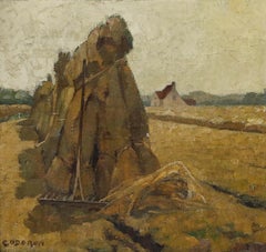 Oscar Coddron - Peinture à l'huile du milieu du XXe siècle, « Meules de foin »