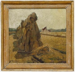 Oscar Coddron - Peinture à l'huile du milieu du XXe siècle, « Meules de foin »