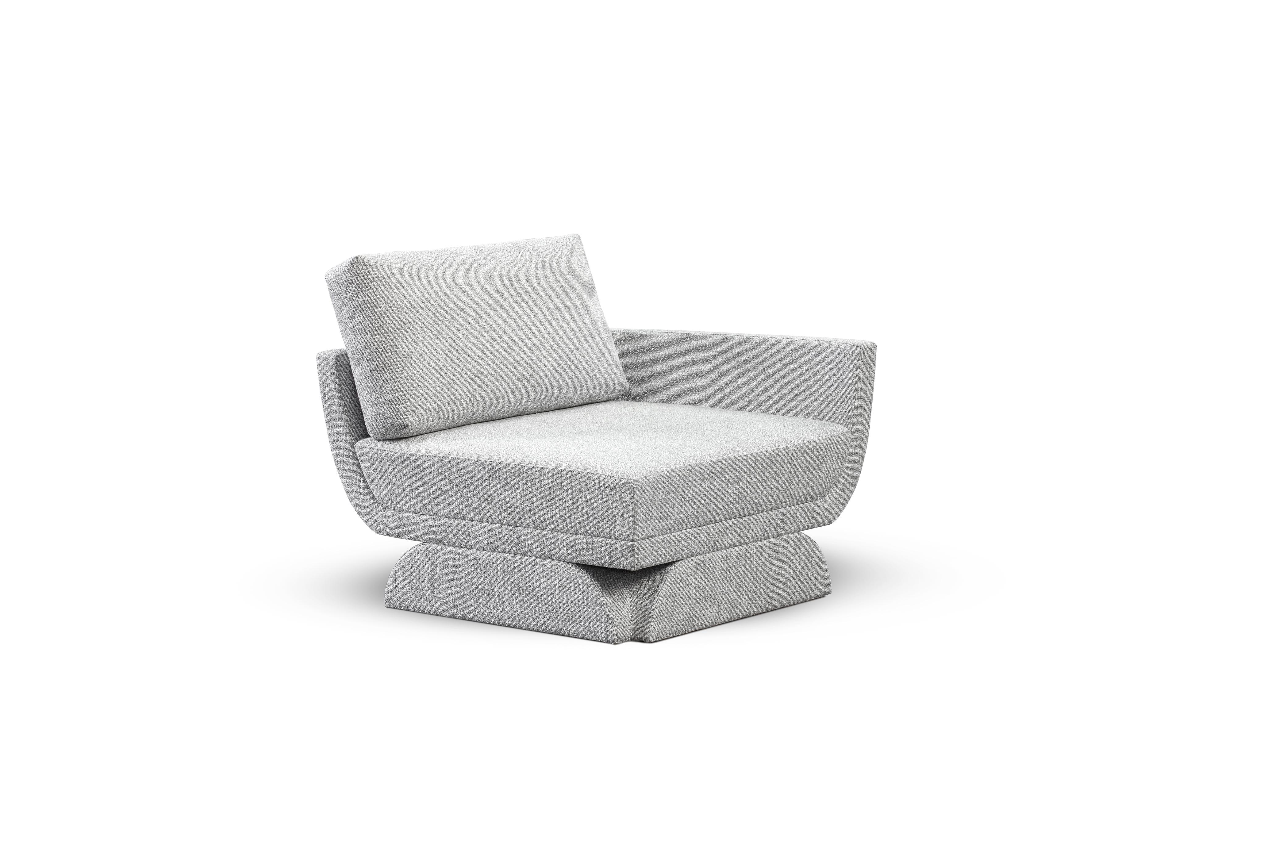 Oscar Corner Modular Sofa by DUISTT 
Dimensions: W 105 x D 105 x H 84 cm
Materials: Duistt Fabric

Inspired by the curved lines poetry of Oscar Niemeyer’s architecture, OSCAR modular sofa allures for its sensual and free-flowing curves. Like