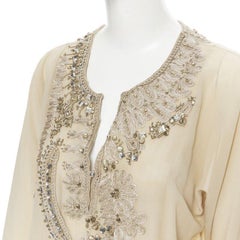 OSCAR DE LA RENTA 100% silk beige crystal embroidery collar 3/4 sleeve blouse XS