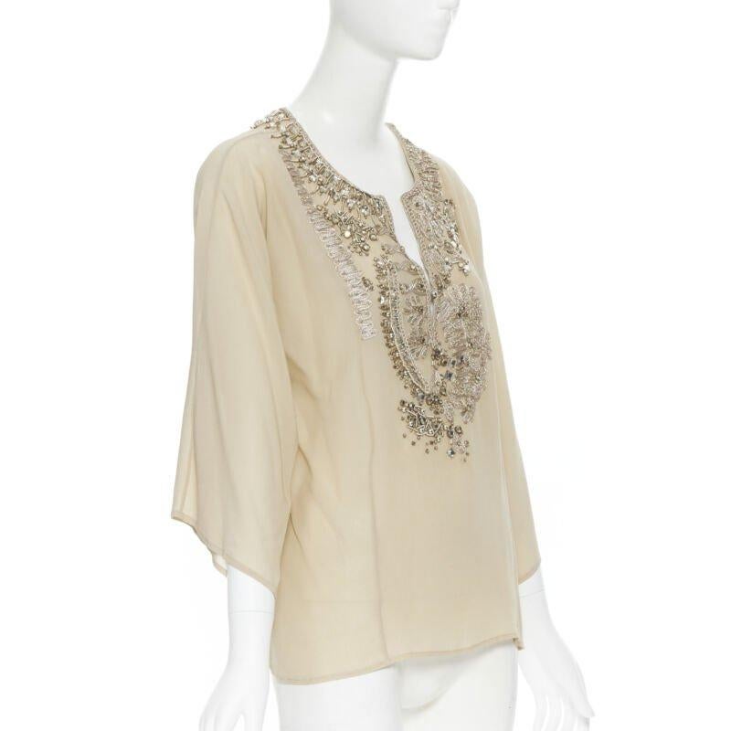 Beige OSCAR DE LA RENTA 100% silk beige crystal embroidery collar 3/4 sleeve blouse XS For Sale