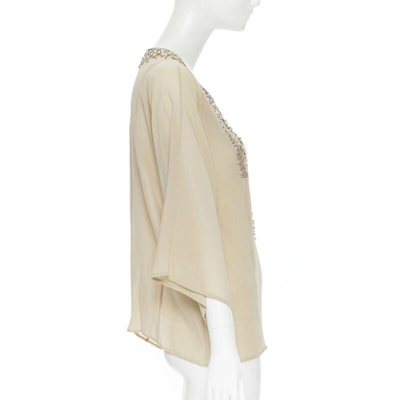 Women's OSCAR DE LA RENTA 100% silk beige crystal embroidery collar 3/4 sleeve blouse XS For Sale