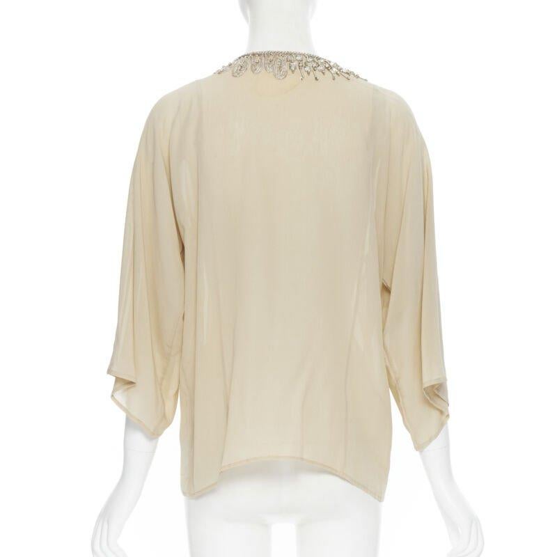 OSCAR DE LA RENTA 100% silk beige crystal embroidery collar 3/4 sleeve blouse XS For Sale 1