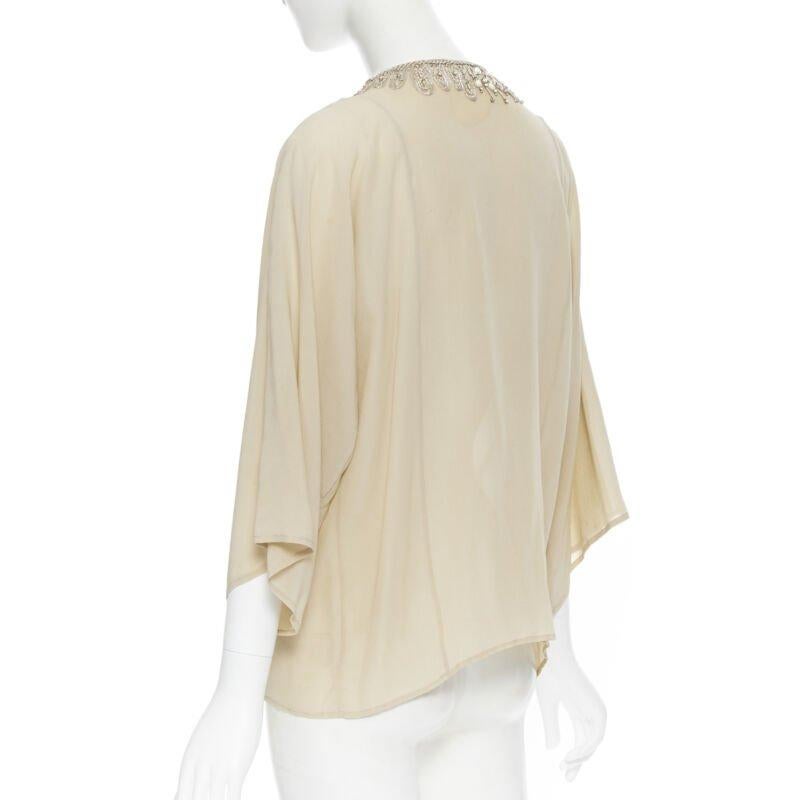 OSCAR DE LA RENTA 100% silk beige crystal embroidery collar 3/4 sleeve blouse XS For Sale 2