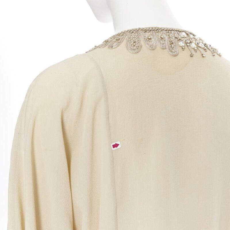 OSCAR DE LA RENTA 100% silk beige crystal embroidery collar 3/4 sleeve blouse XS For Sale 4