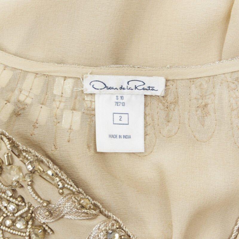OSCAR DE LA RENTA 100% silk beige crystal embroidery collar 3/4 sleeve blouse XS For Sale 5