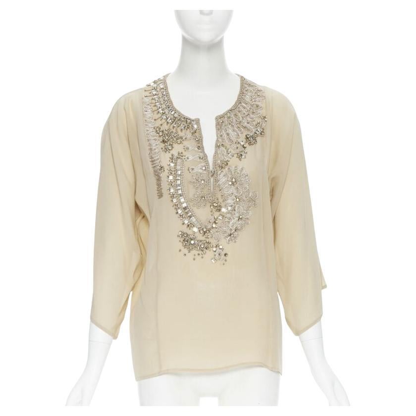 OSCAR DE LA RENTA 100% silk beige crystal embroidery collar 3/4 sleeve blouse XS For Sale