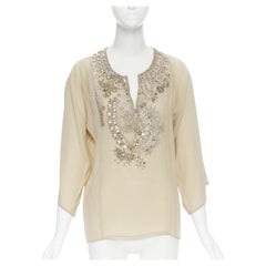 Oscar De La Renta 100% seta beige con ricamo di cristalli, camicetta con maniche 3/4 XS