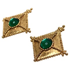 Oscar De La Renta 14k Gold Plated Green Cabochon Clip-On Earrings circa 1980s