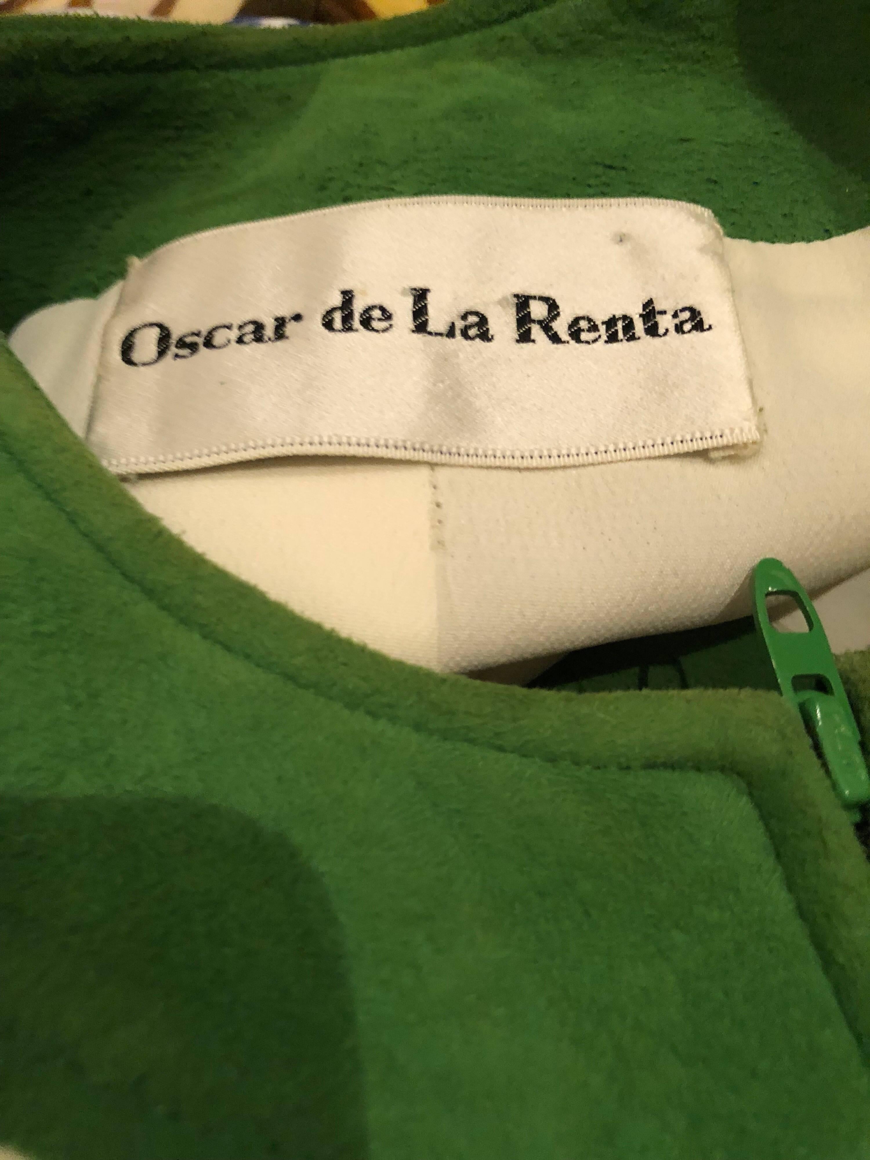 Oscar de la Renta 1960s Ivory Wool + Green Suede Mod Flower Print Jacket Dress For Sale 5