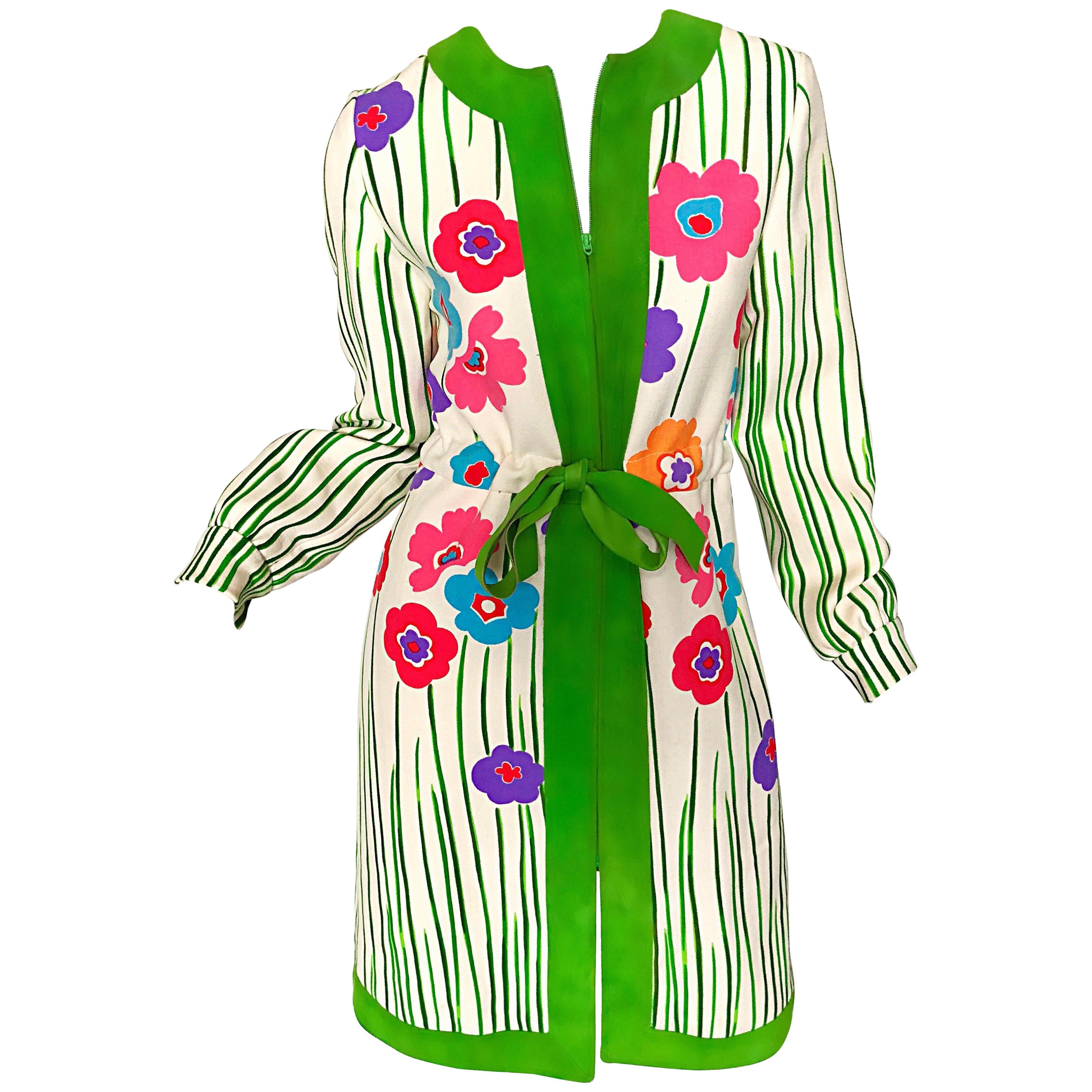 Oscar de la Renta 1960s Ivory Wool + Green Suede Mod Flower Print Jacket Dress