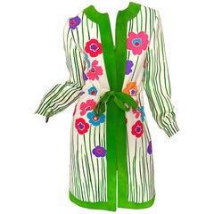 Vintage Oscar de la Renta 1960s Ivory Wool + Green Suede Mod Flower Print Jacket Dress
